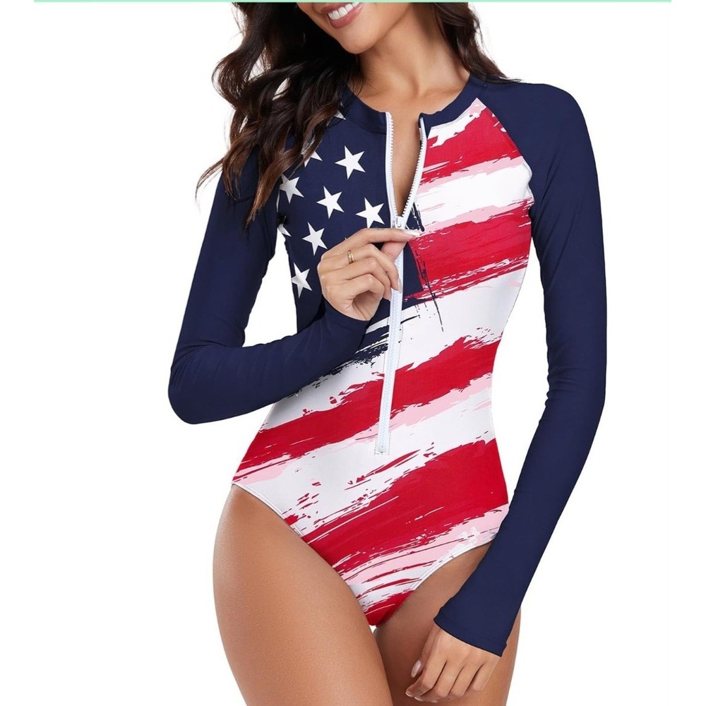 American Flag Long Sleeve Rash Guard One Piece Swimsuit Navy Blue Red White L